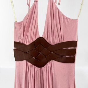 Sky‎ Woven Leather Belt Plunge Tie Halter Neck Maxi Dress Sexy Pink NEW Small